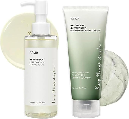 Anua Heart𝐥eaf Quercetinol Pore Deep Cleansing Foam and Heartleaf Pore Control Cleansing Oil Set